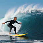 A person surfing a wave representing digital content creation, emphasizing the need for adaptability and time management as a surfboard.