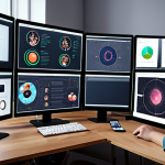 A digital creator working on a collaborative project, surrounded by various screens displaying design software and online communication tools, symbolizing teamwork and innovation.