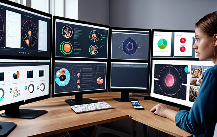 A digital creator working on a collaborative project, surrounded by various screens displaying design software and online communication tools, symbolizing teamwork and innovation.